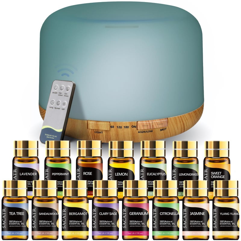 SACATR 500ml Essential Oil Diffuser with 15 Essential Oils Ultrasonic Cool Mist Humidifier Remote Control 4 Timers 15 Color Lights Auto ShutOff